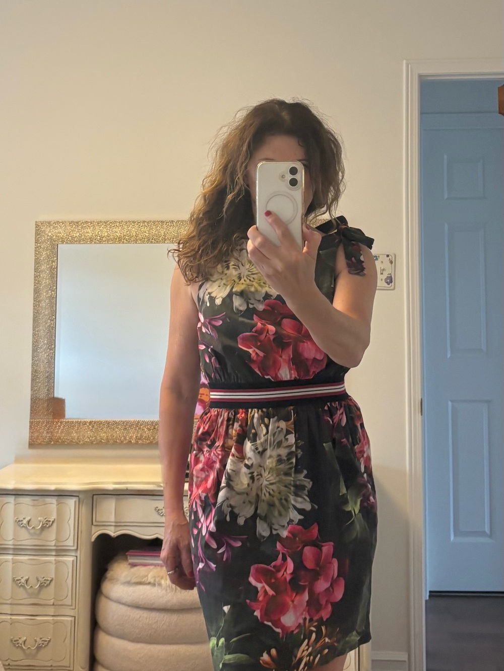 Sisley One-Shoulder Floral Dress in Black, Pink and Cream
